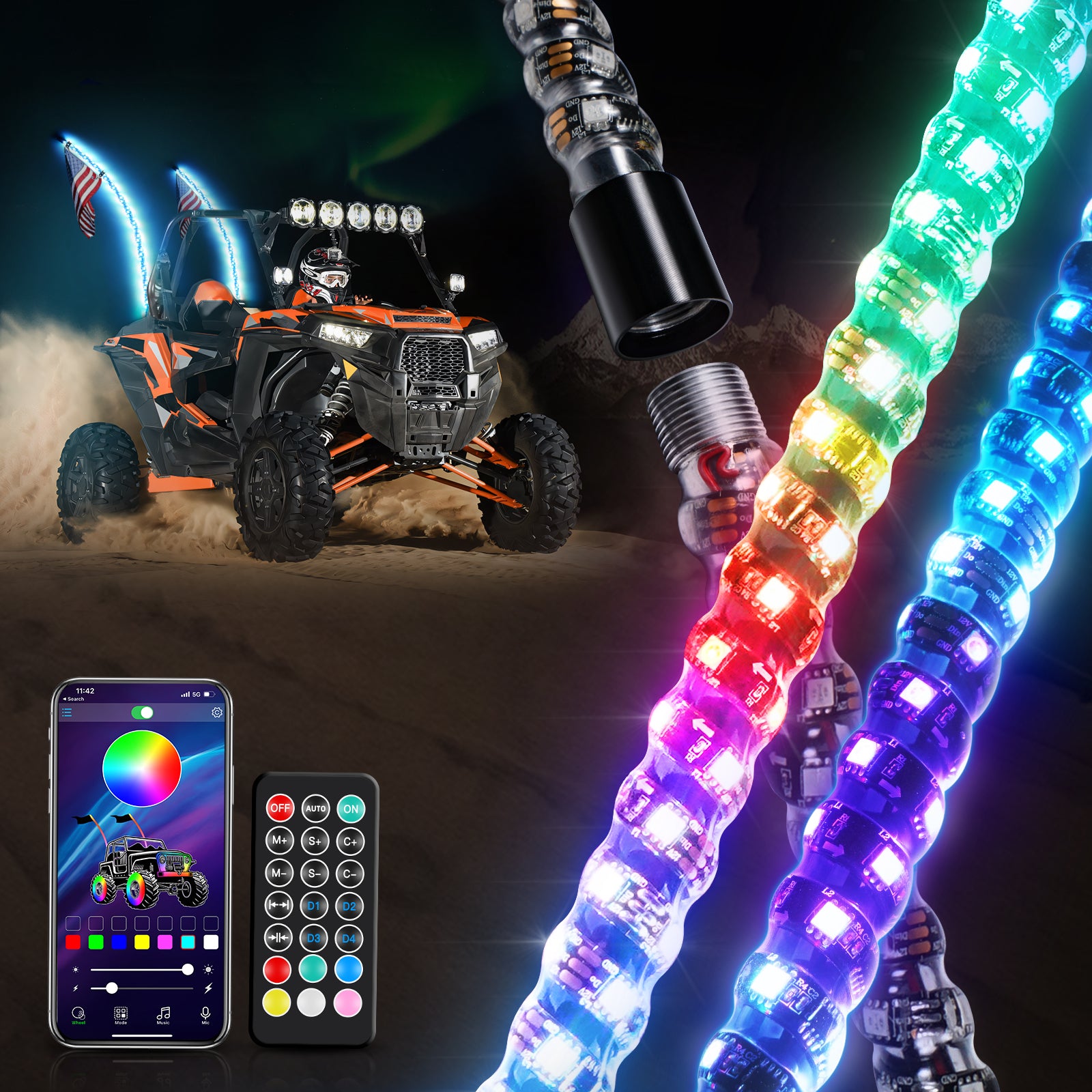 RGB Spiral Whip Lights Bluetooth Remote Controlled | Offorad accessories | UTV ATV RZR Jeep – loyolight RGB Spiral Whip Lights Bluetooth Remote Controlled | Offorad accessories | UTV ATV RZR Jeep – loyolight