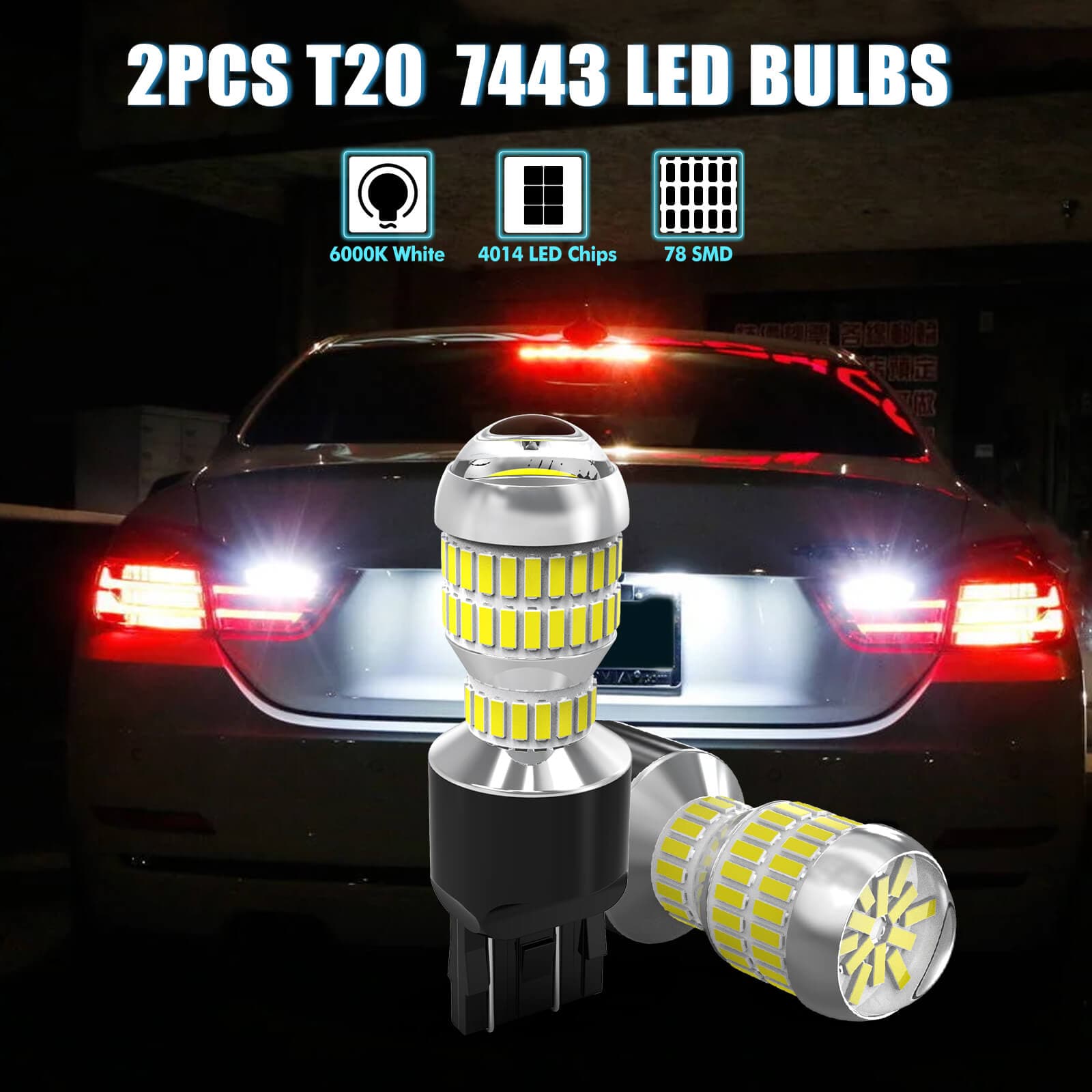 BEVINSEE T20 7440 6000K White LED Backup Reverse Light Bulbs projector lens 2600LM 1:1