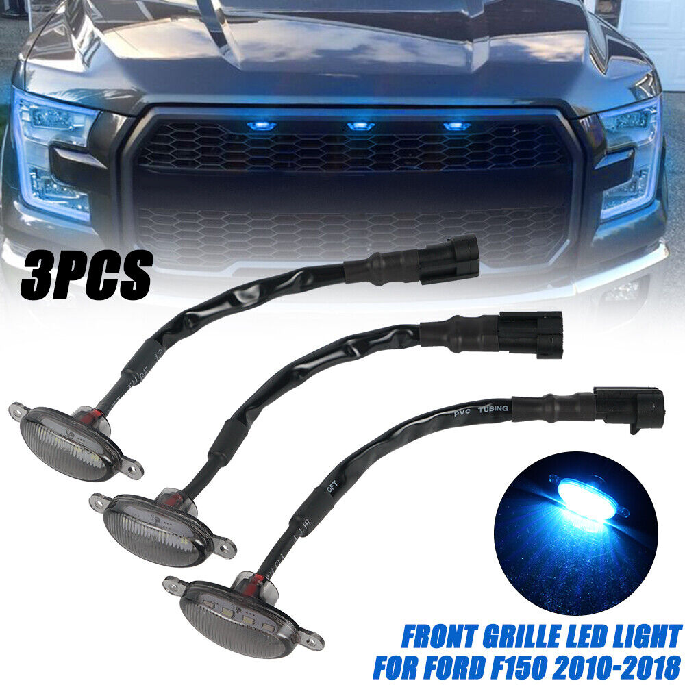 BEVINSEE 3pcs LED Front Grille DRL Running Lights Ice Blue For Ford F150 Raptor 2010-2018