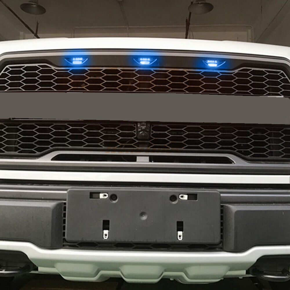 BEVINSEE 3 x Smoke LED Blue Lamp DRL Grille Light For Ford F150 Raptor 2010 2011 2012-2018