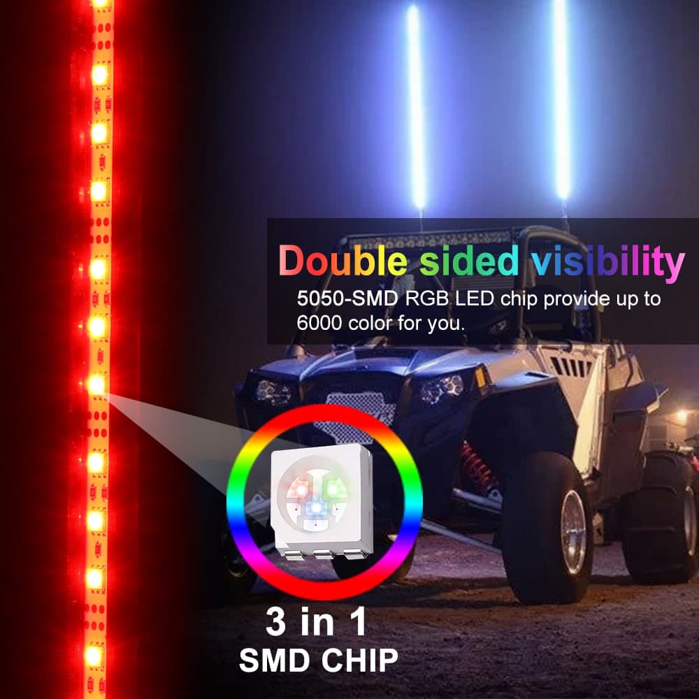 BEVINSEE 3FT RGB Lighted Antenna LED Light Whip Flag Pole Bluetooth For ATV UTV Jeeps
