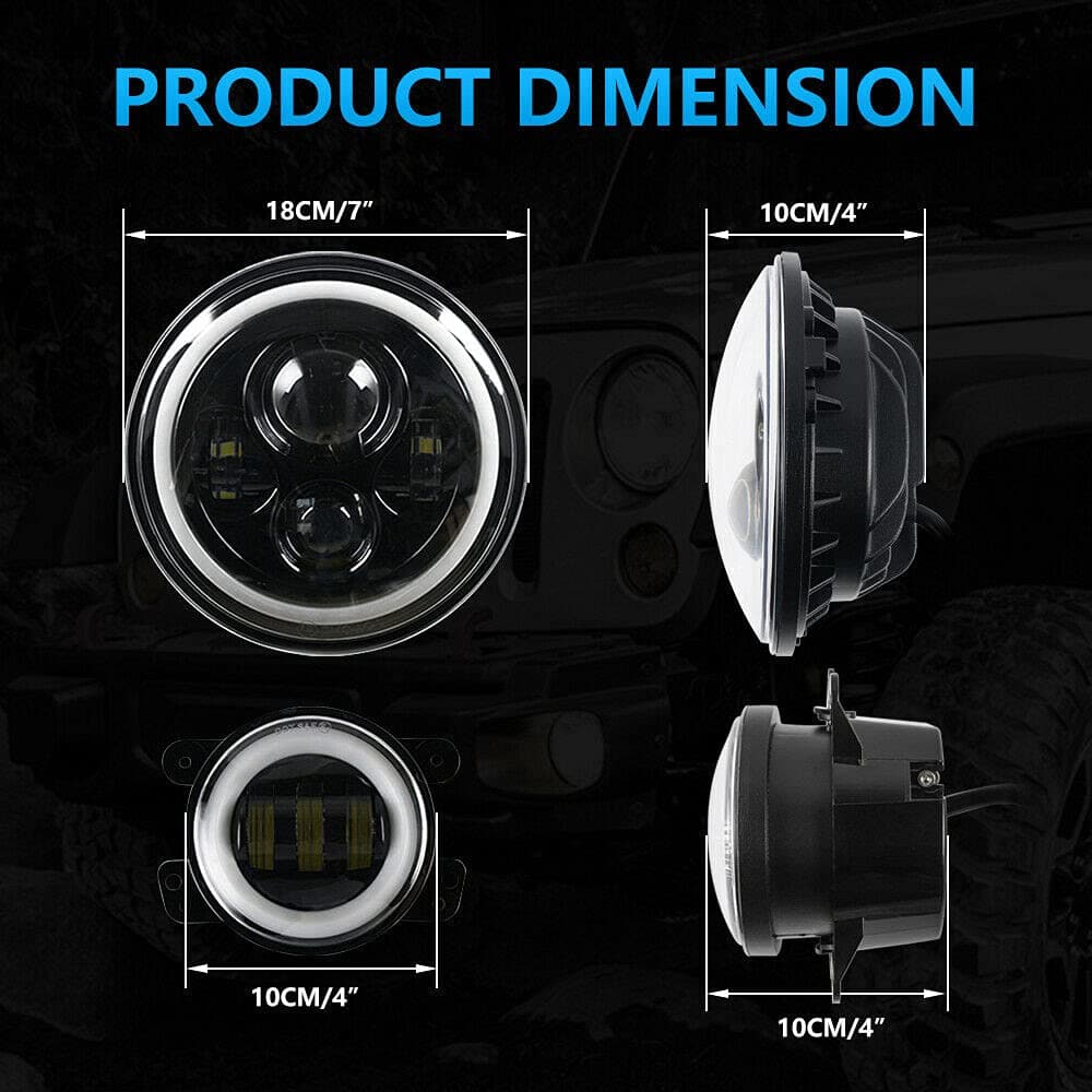 BEVINSEE 7" Halo LED Headlight 4" Fog Light Signal Combo Kit for Jeep Wrangler JK ,Hummer H3 H3T * 4pcs