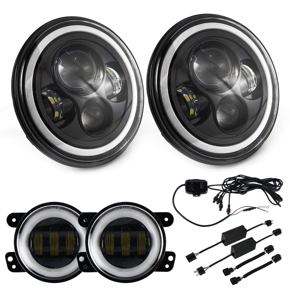 BEVINSEE 7" Inch RGB LED Halo Headlight 4" Fog Lights Built-in Canbus For Jeep Wrangler JK