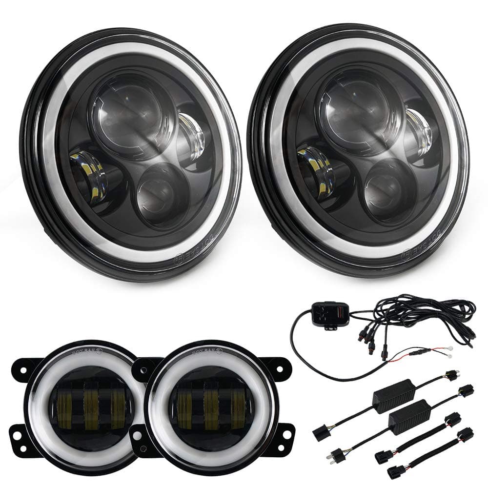 7" Inch RGB LED Halo Headlight 4" Fog Lights Built-in Canbus For Jeep Wrangler JK