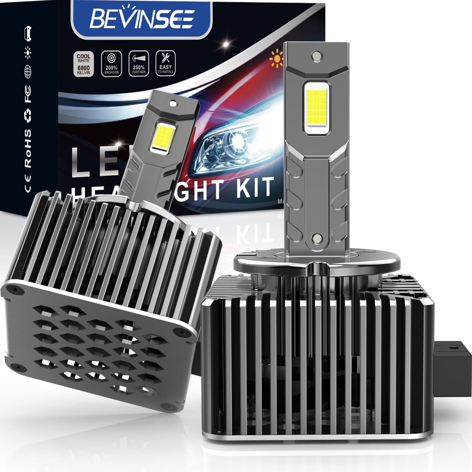 BEVINSEE D2S D2R LED Headlight Bulbs Canbus Error Free Xenon HID