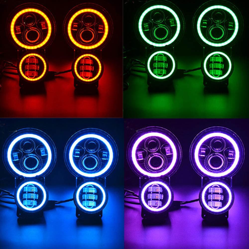 7" Inch RGB LED Halo Headlight 4" Fog Lights Built-in Canbus For Jeep Wrangler JK