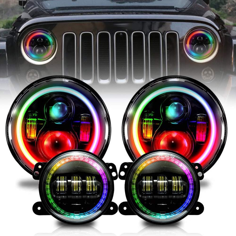 BEVINSEE 7" Inch RGB LED Halo Headlight 4" Fog Lights Built-in Canbus For Jeep Wrangler JK
