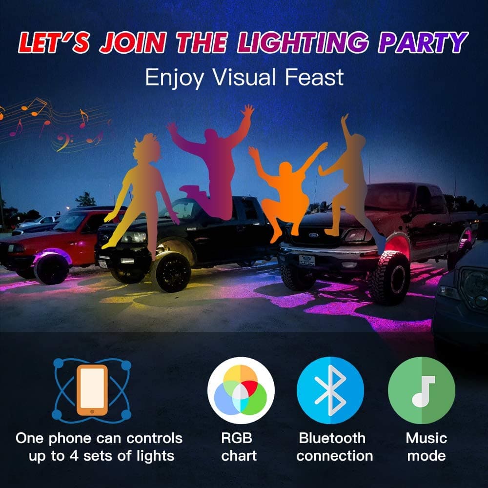 BEVINSEE RGB LED Rock Lights Bluetooth/APP Control for Trucks UTV ATV SUV | 8 Pods