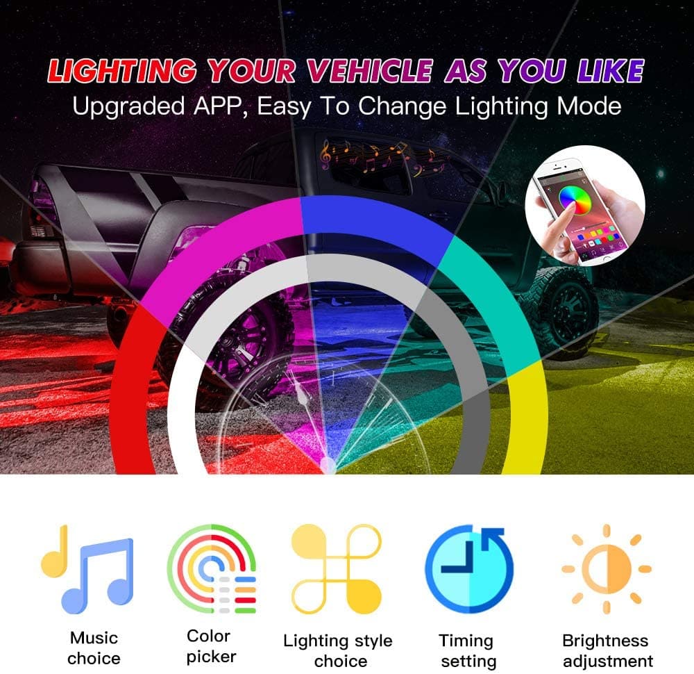 BEVINSEE RGB LED Rock Lights Bluetooth/APP Control for Trucks UTV ATV SUV | 8 Pods
