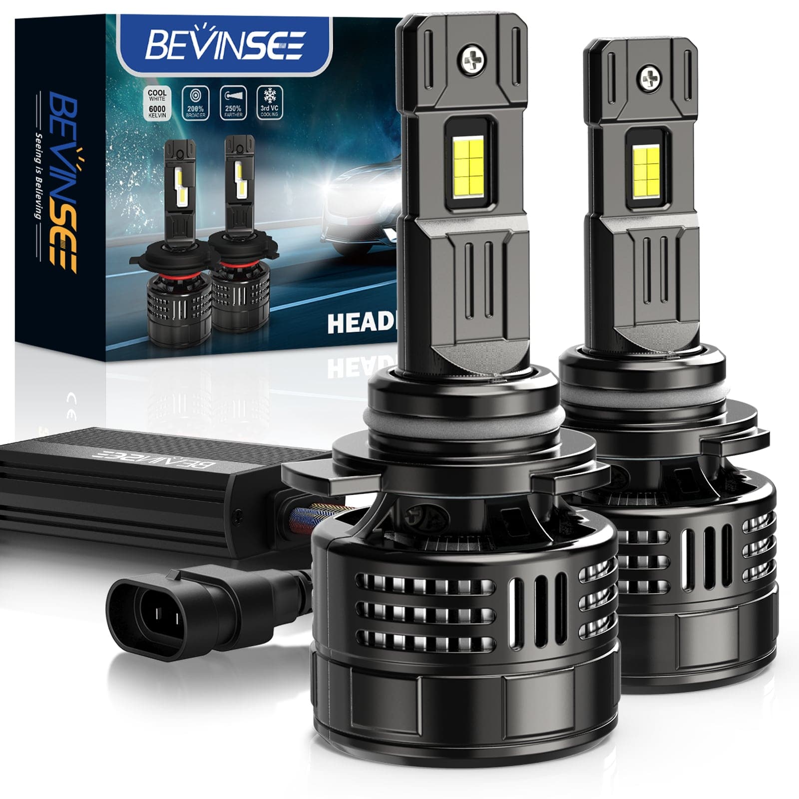 BEVINSEE V55 Upgrade 9012 LED Headlight Bulb 150W/Pair 28,000 LM 6000K