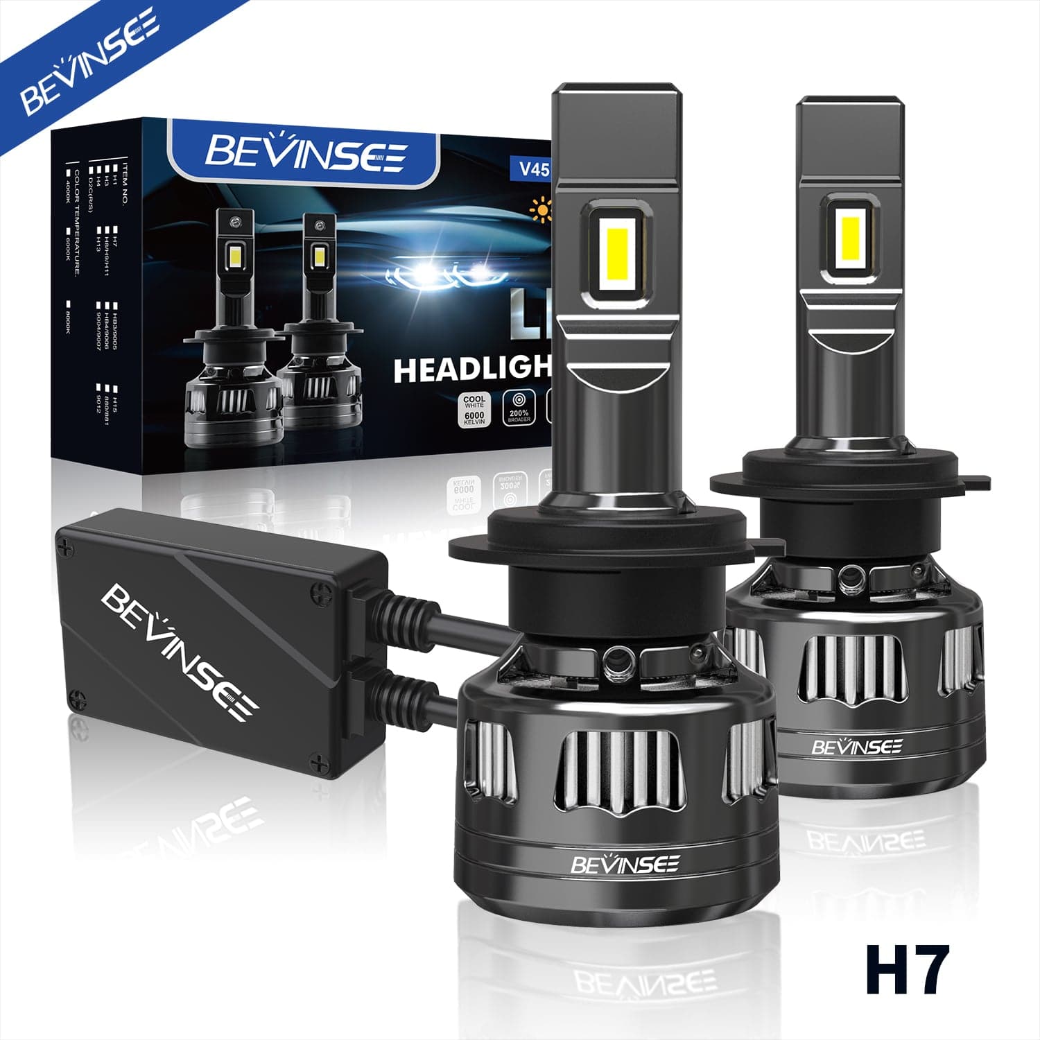 BEVINSEE V45 H7 LED Headlight Bulbs 120W 22000 Lumens 6000K