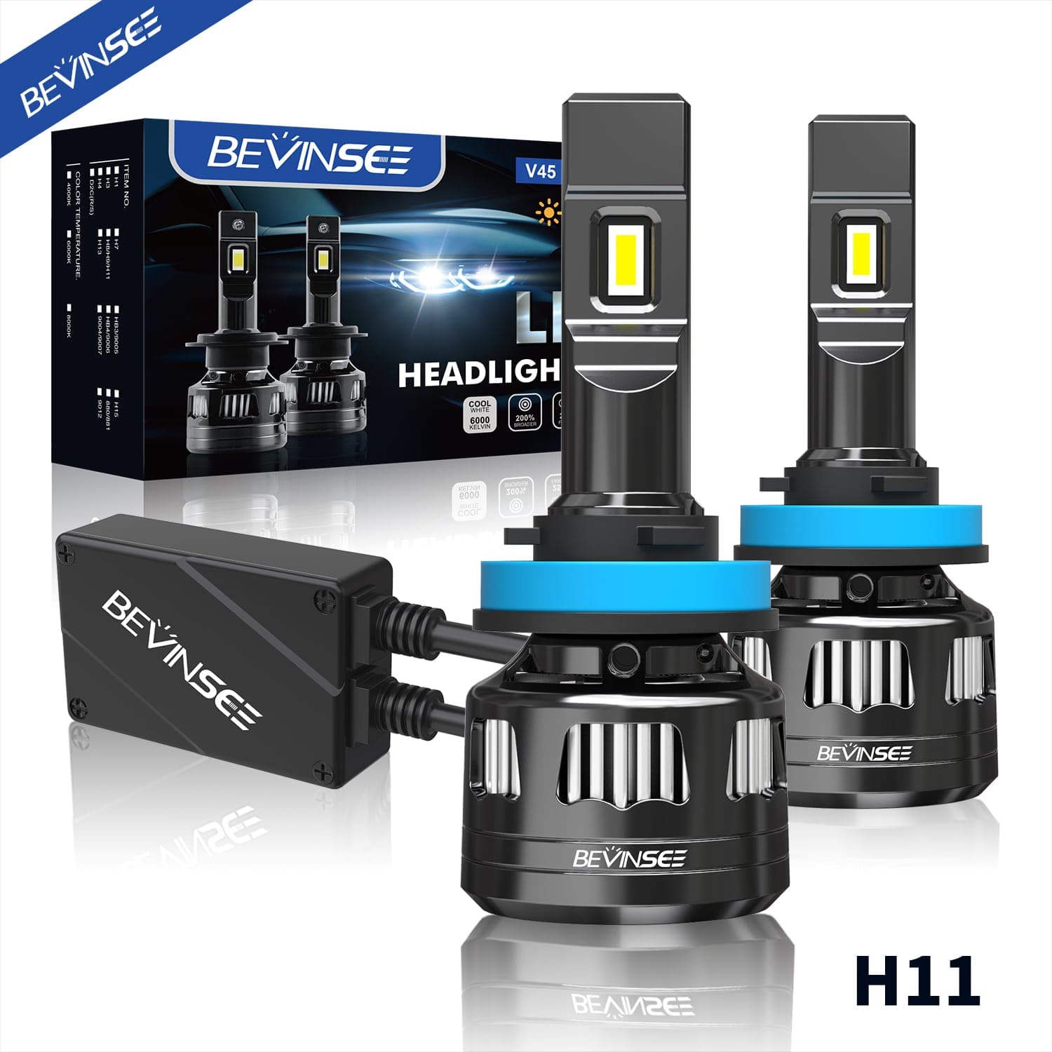 Bevinsee V45 H11/H8/H9 LED Headlight Bulbs 22000 Lumens