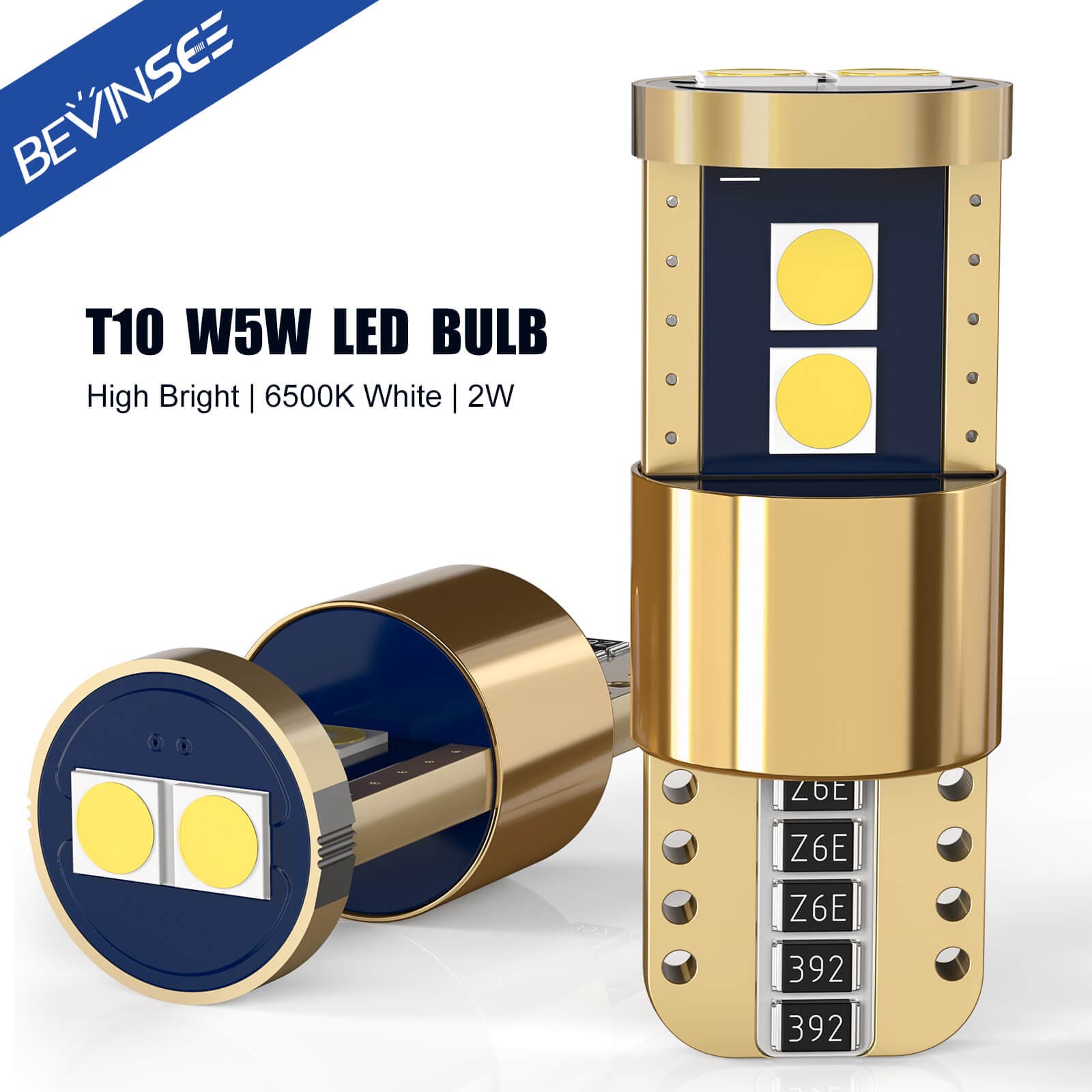 BEVINSEE T10 W5W 194 168 LED Bulbs White Beam 6500K Interior Car Lights Replacement