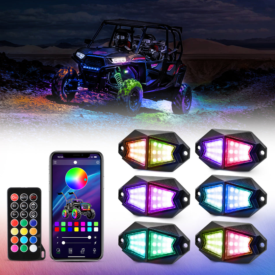 6/8 Pods Wide Angle RGB LED Rock Lights APP/Remote Control Neon LED Under Car Chase Lighting Kits for Off-Road UTV ATV Touring