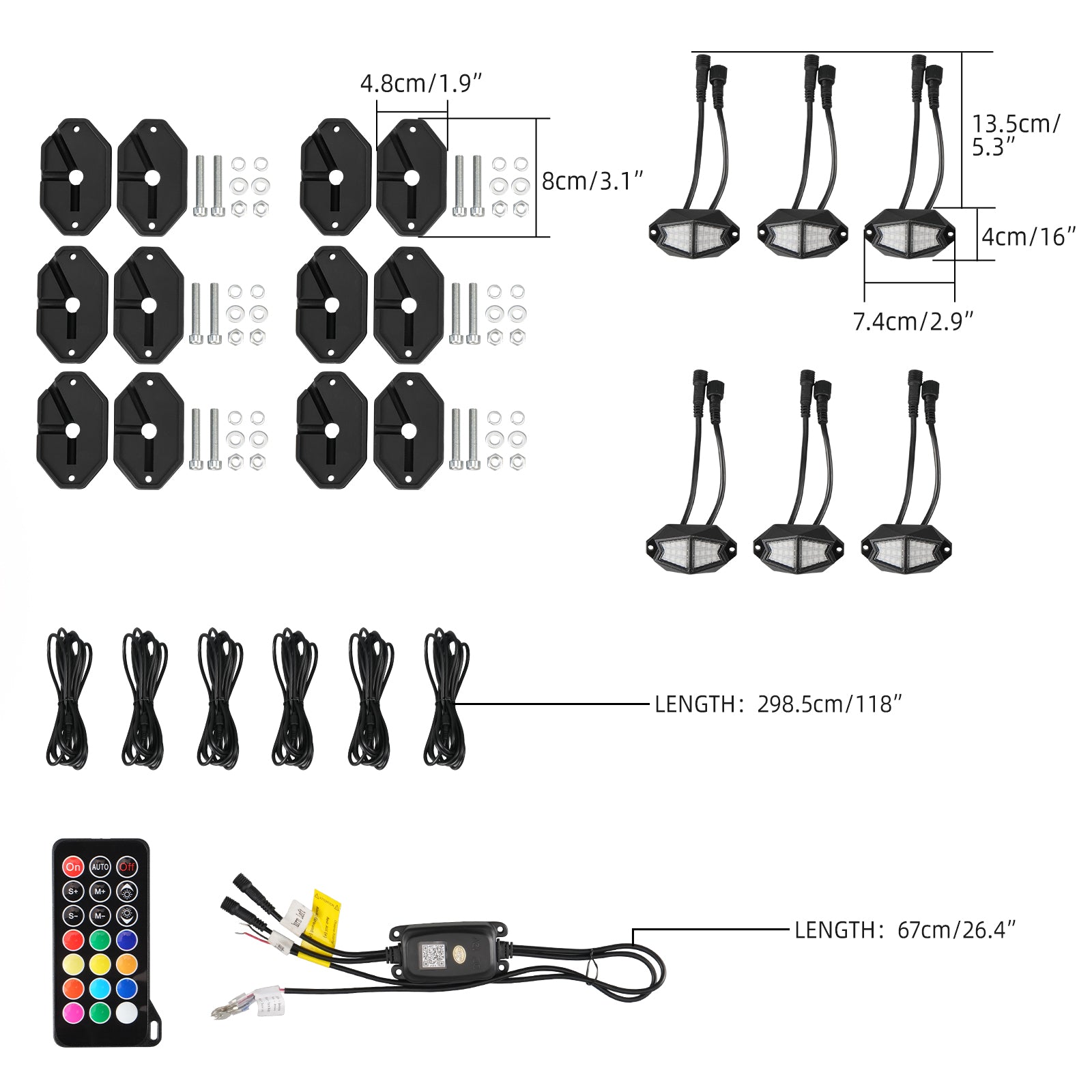 BEVINSEE 6/8 Pods Wide Angle RGB LED Rock Lights APP/Remote Control Neon LED Under Car Chase Lighting Kits for Off-Road UTV ATV Touring