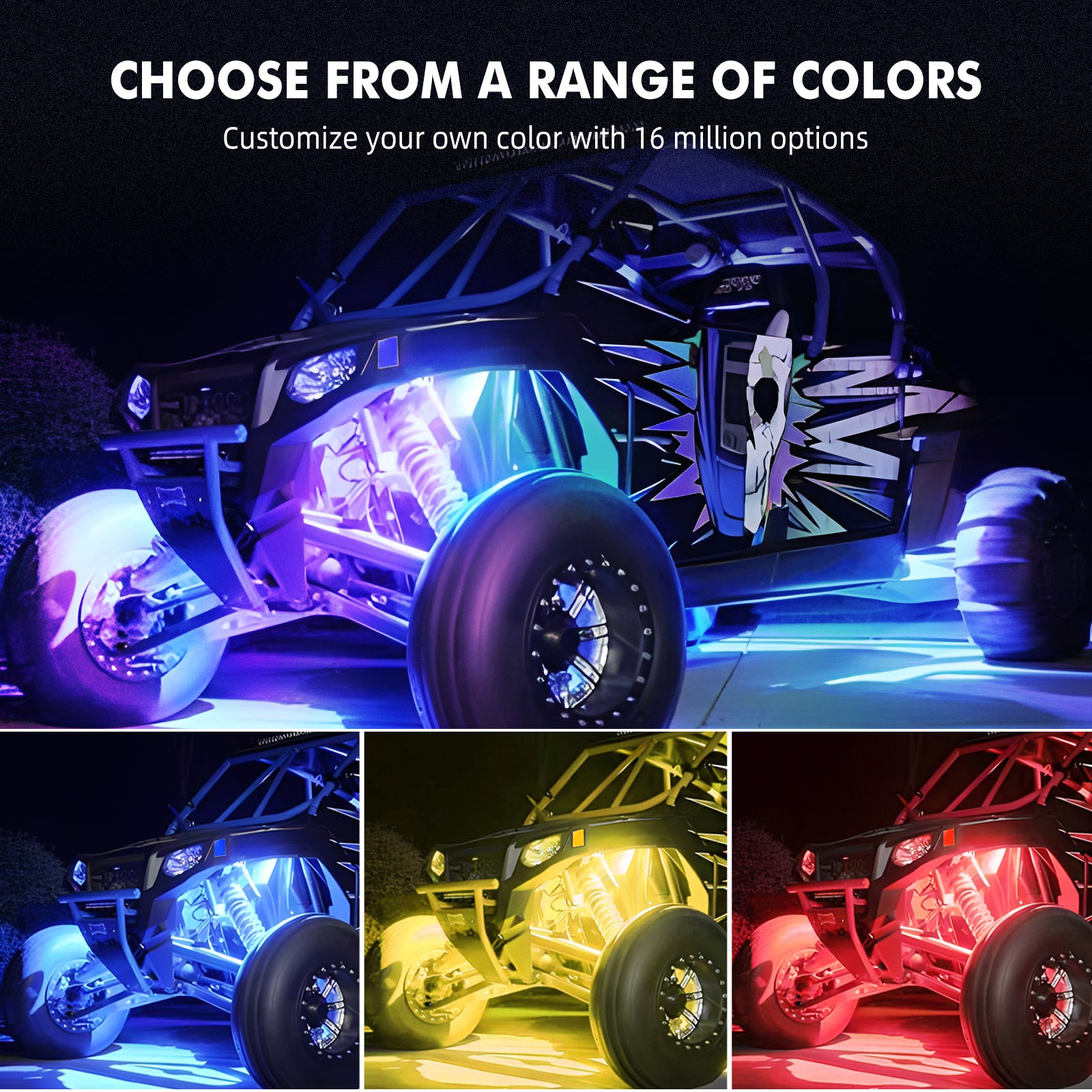 BEVINSEE 6/8 Pods Wide Angle RGB LED Rock Lights APP/Remote Control Neon LED Under Car Chase Lighting Kits for Off-Road UTV ATV Touring