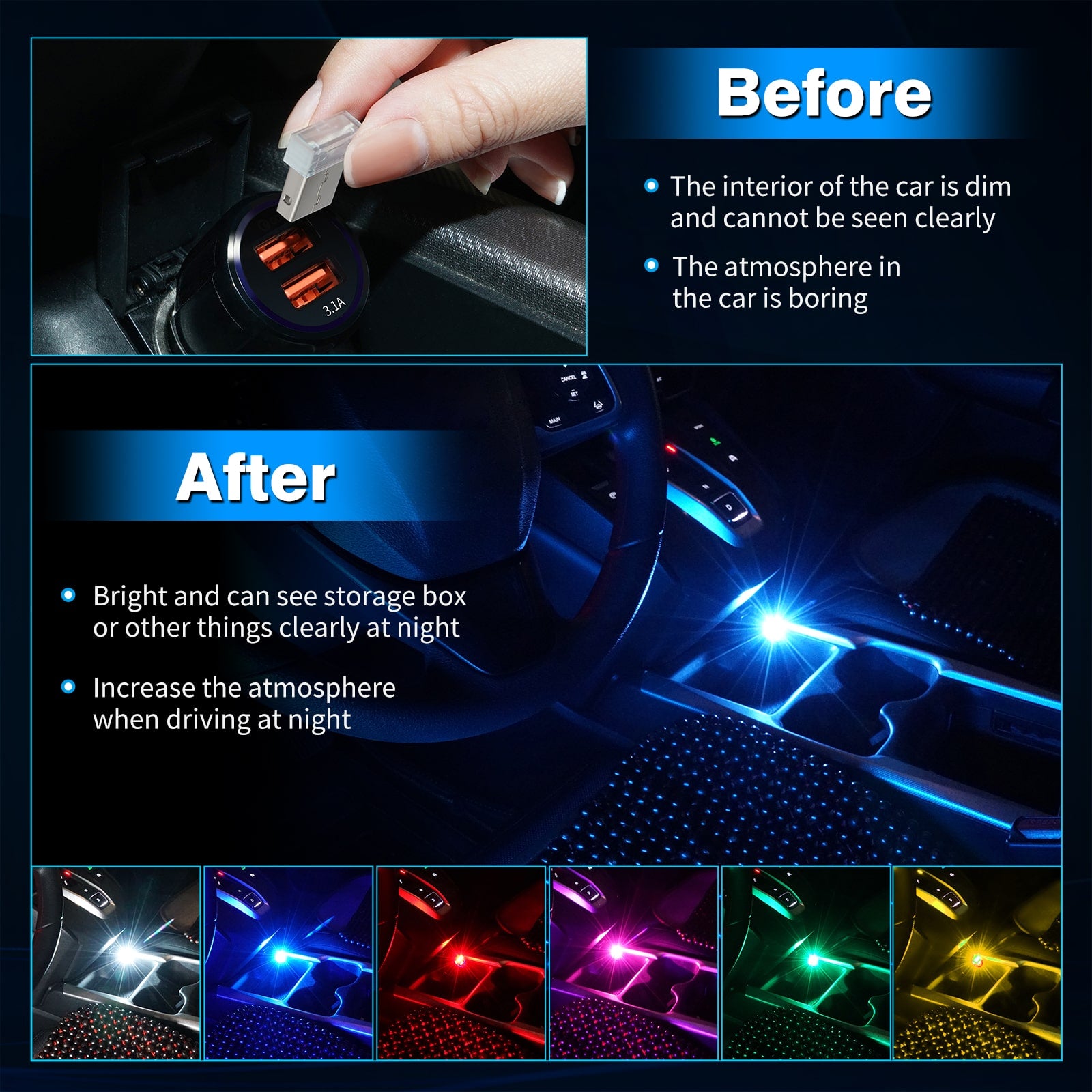 BEVINSEE 7 PCS Mini USB Car Light Universal Portable USB Atmosphere Light DC 5V