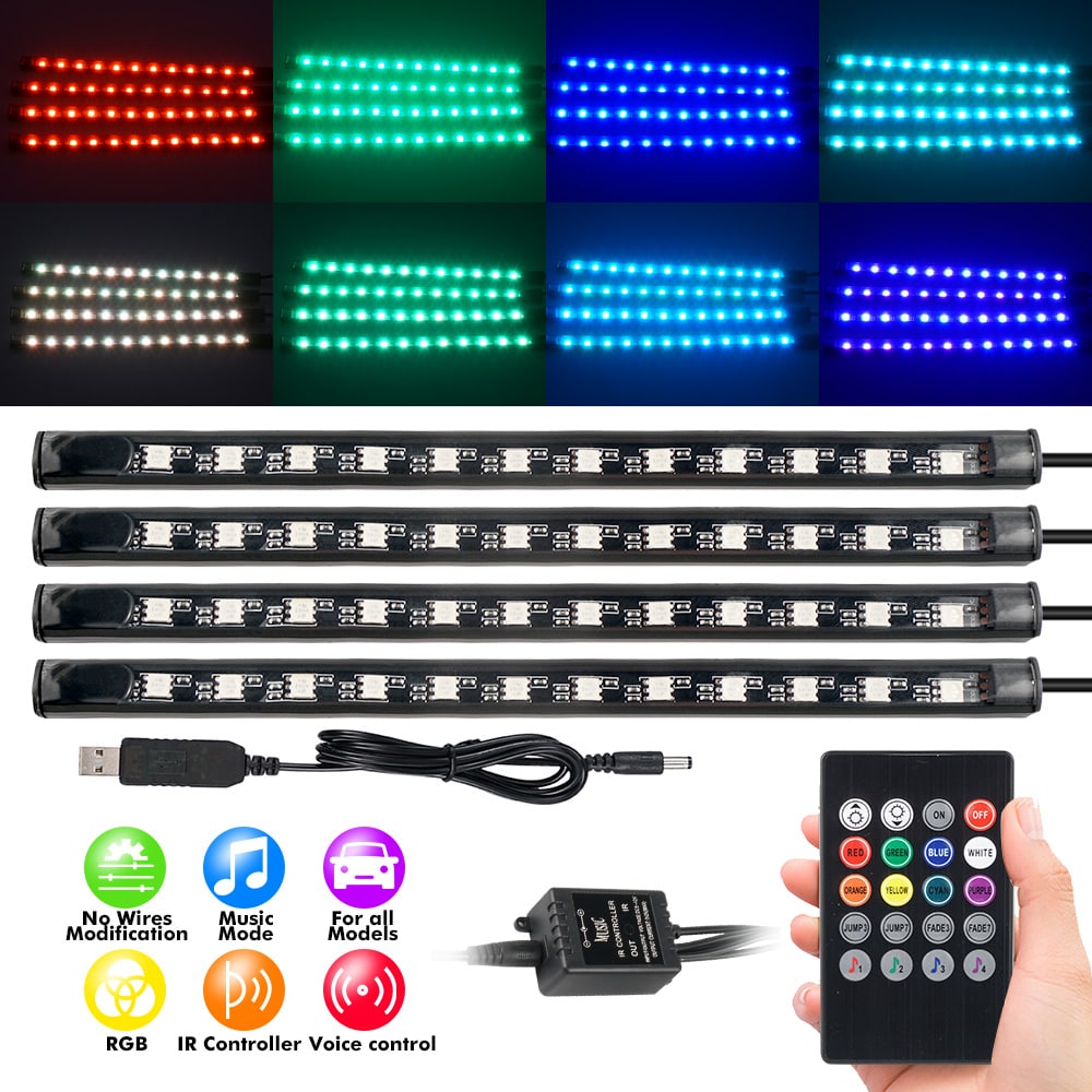 RGB 48-LED Car Interior Under-Dash Footwell Light Strip Kit – 4-Piece USB – DYNITX