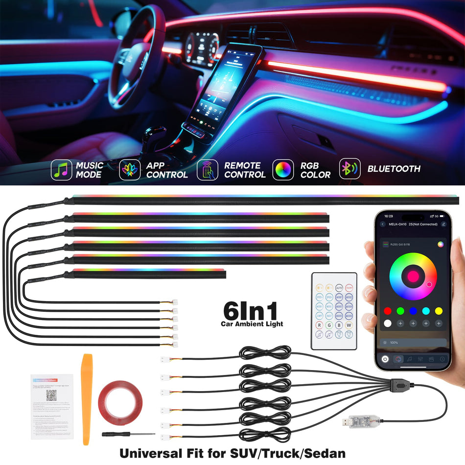 Acrylic Car Interior Lights 6 in 1 Smart LED Dreamcolor Music Chasing Lights