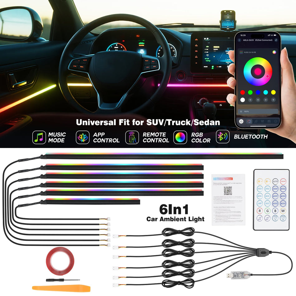 Acrylic Car Interior Lights 6 in 1 Smart LED Dreamcolor Music Chasing Lights