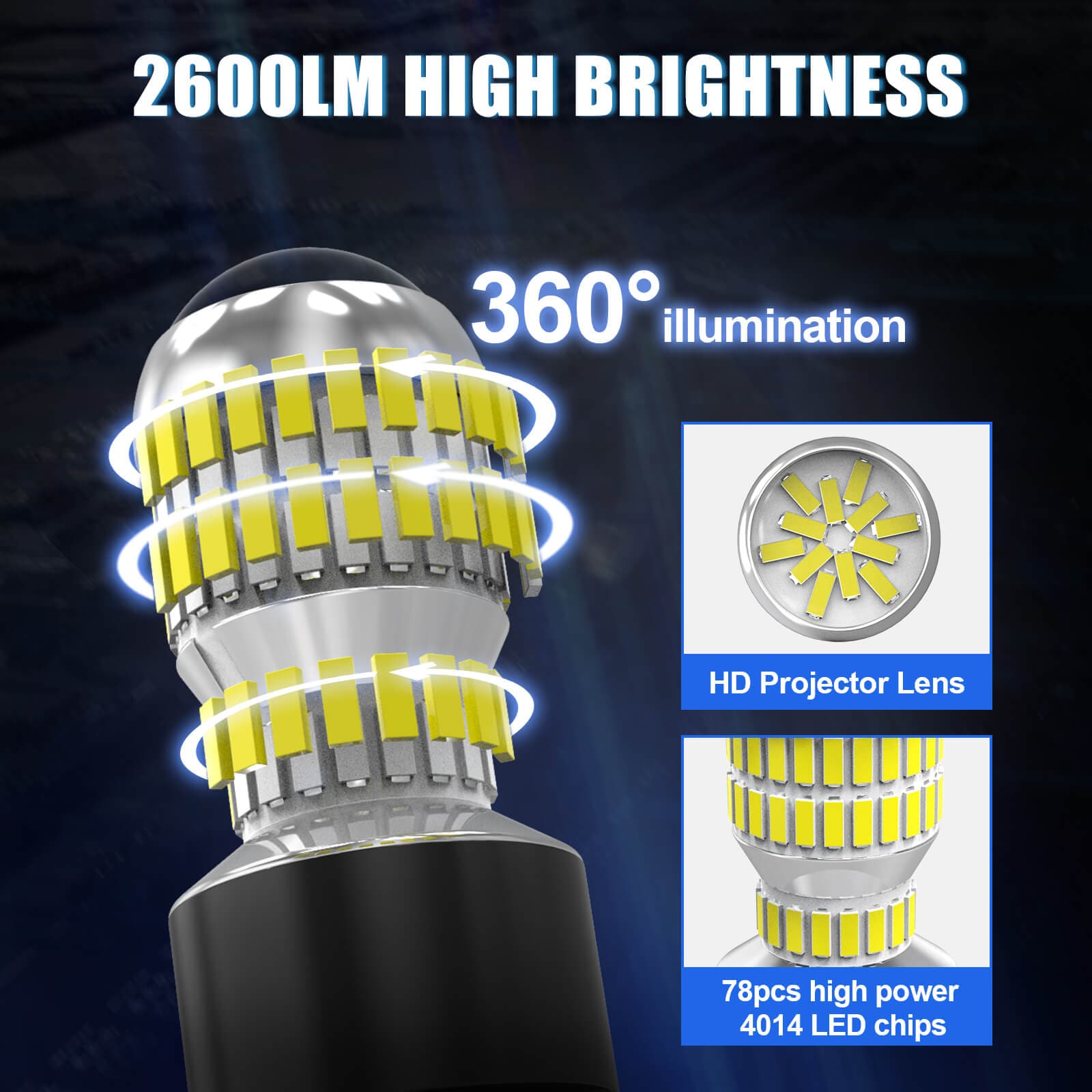 T20 7440 6000K White LED Backup Reverse Light Bulbs projector lens 2600LM 1:1