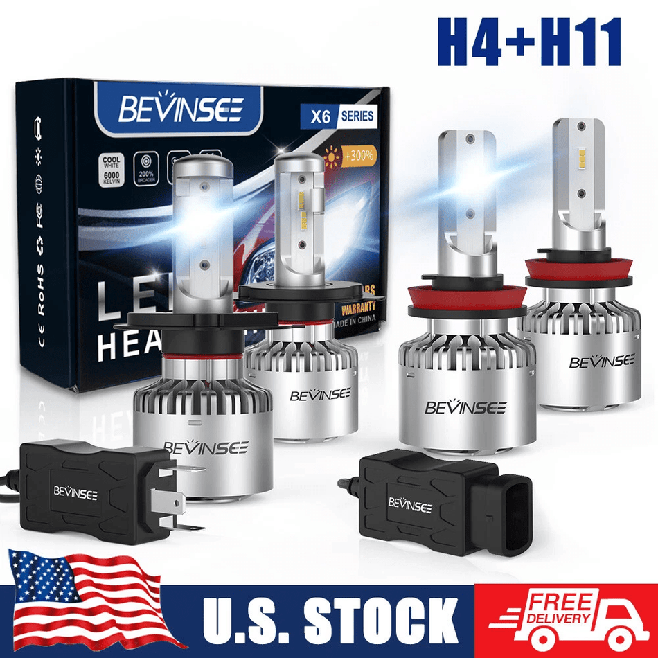 BEVINSEE 9003 H11 LED Headlight Fog Light Bulbs Set Bright 6000K White H8 & H4