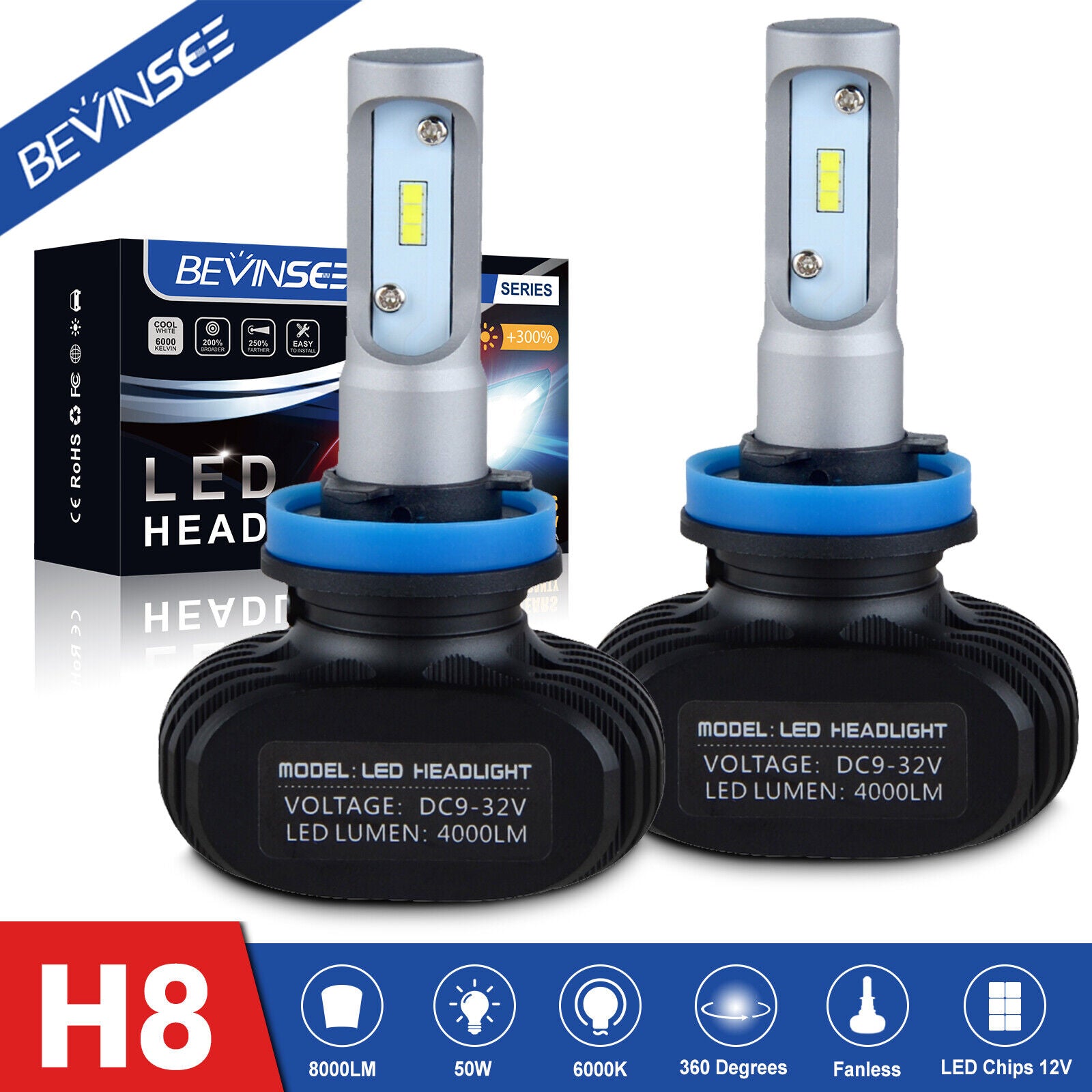 BEVINSEE For Volvo S60 05-09 2012-2013 H9 H11 H8 LED Headlight High & Low Beam Bulbs