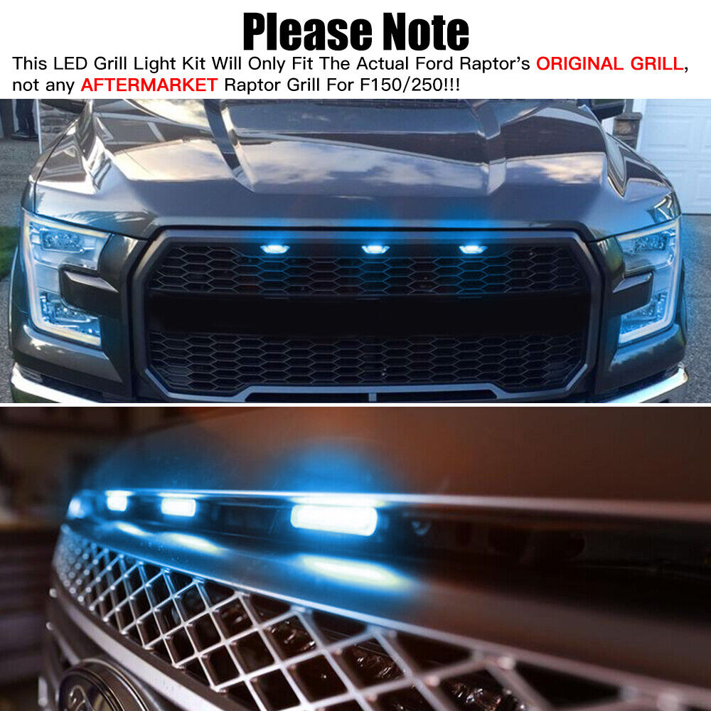 BEVINSEE 3pcs LED Front Grille DRL Running Lights Ice Blue For Ford F150 Raptor 2010-2018