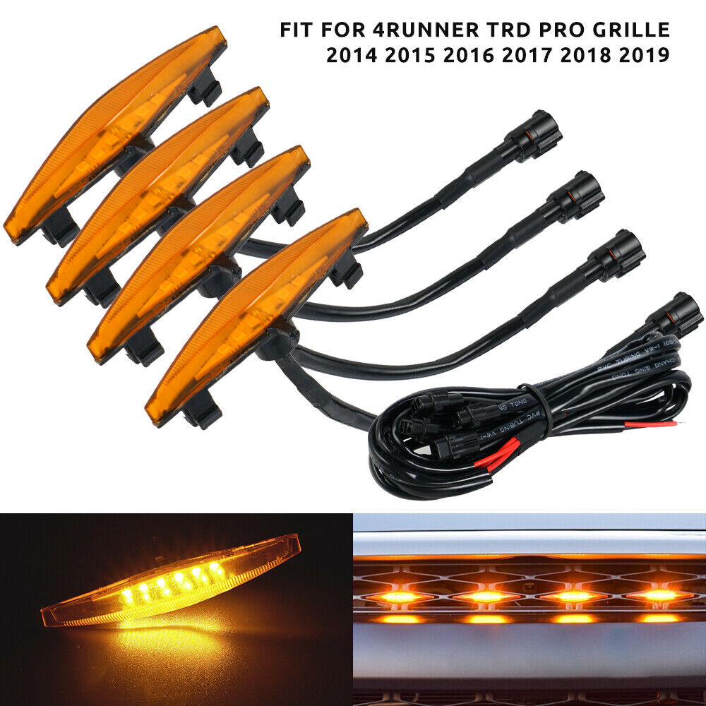 BEVINSEE 4 x Car Front Grill Grille LED Lights Amber Fit Toyota 4Runner TRD Pro 2014-2019