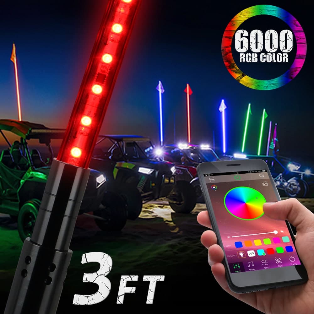 BEVINSEE 3FT RGB Lighted Antenna LED Light Whip Flag Pole Bluetooth For ATV UTV Jeeps