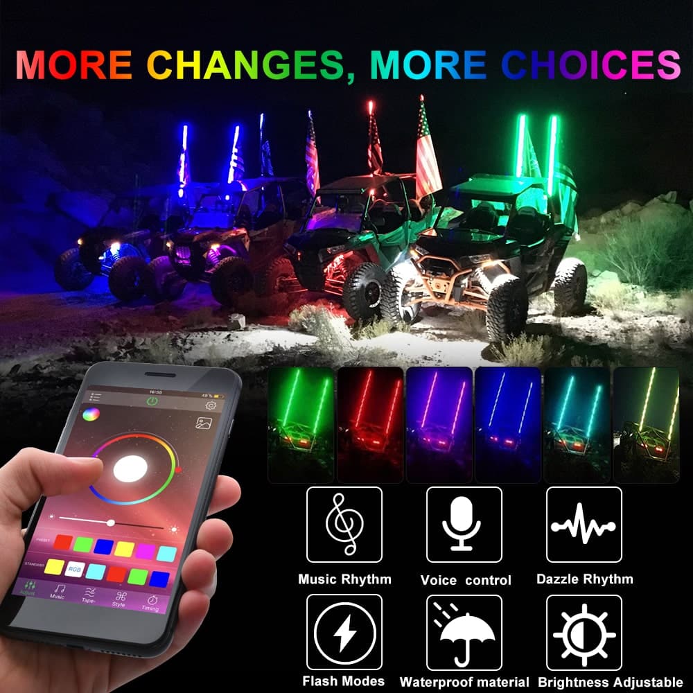 BEVINSEE 3FT RGB Lighted Antenna LED Light Whip Flag Pole Bluetooth For ATV UTV Jeeps