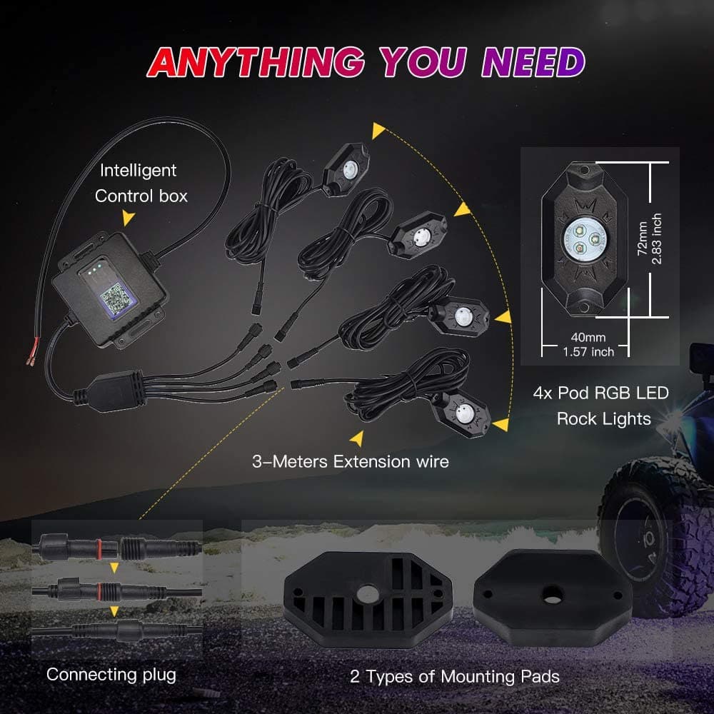 BEVINSEE RGB LED Rock Lights Bluetooth/APP Control for Trucks UTV ATV SUV, 4 Pods