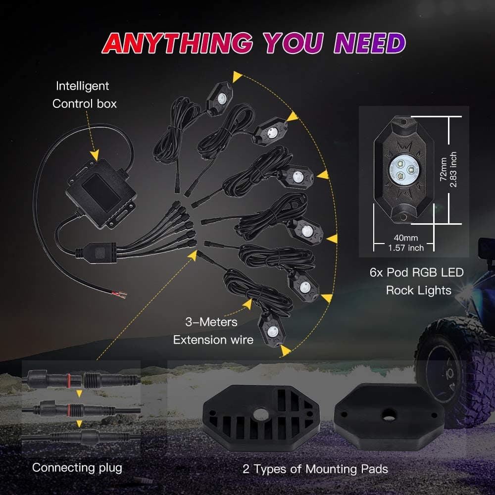 RGB LED Rock Lights Bluetooth/APP Control for Trucks UTV ATV SUV | 6 Pods