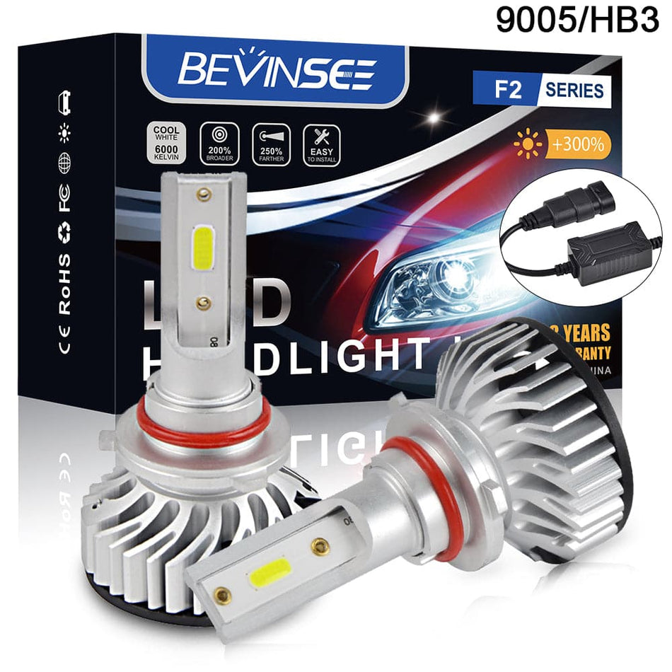 BEVINSEE F2 9005 HB3 COB LED Headlights Conversion High Low Beam Light Bulbs