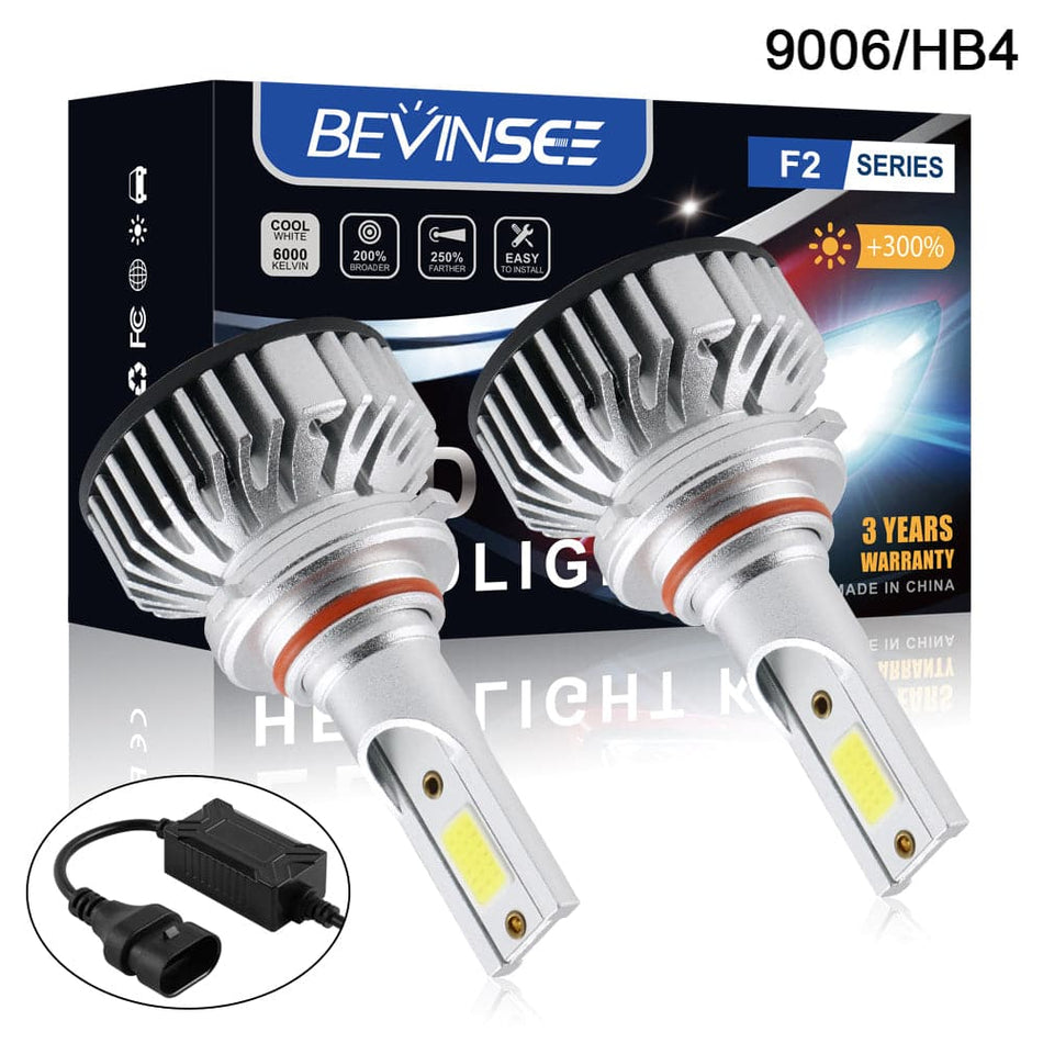BEVINSEE 9006 HB4 COB LED Headlights Kit Low Beam 6000LM 6000K Super White Bulbs