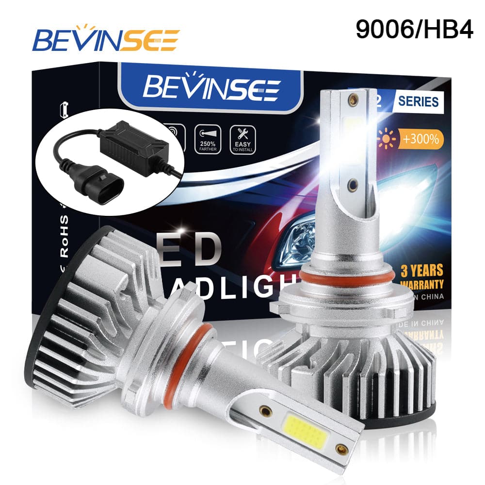 BEVINSEE 9006 HB4 COB LED Headlights Kit Low Beam 6000LM 6000K Super White Bulbs