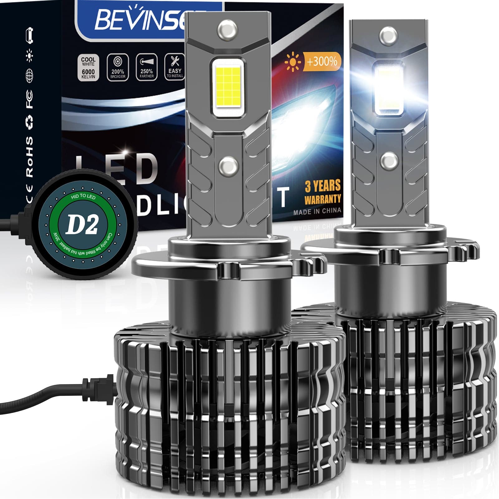BEVINSEE D2S/D2R LED Headlight Bulbs 7000LM/pair 6000K For Hid Xenon