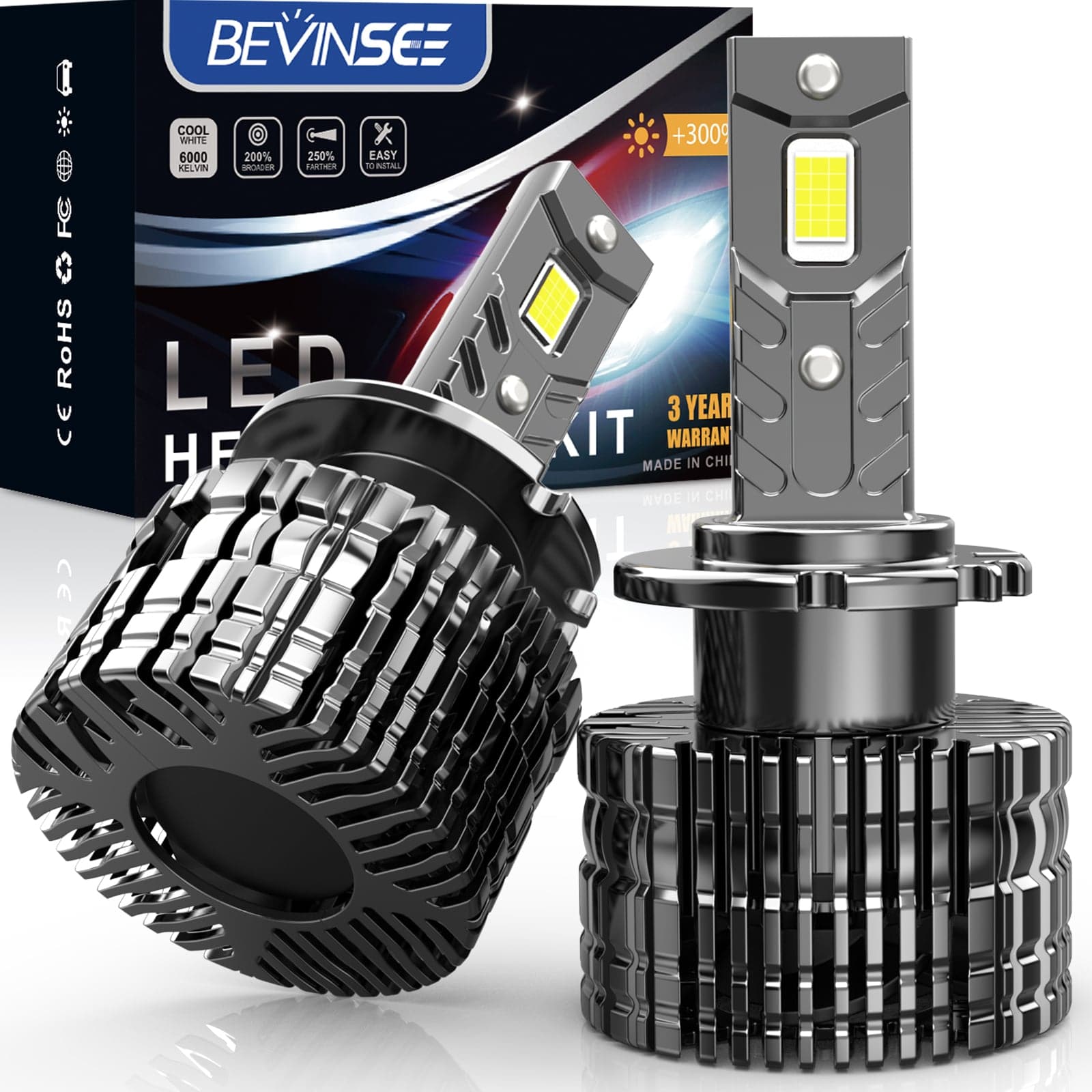 BEVINSEE D2S/D2R LED Headlight Bulbs 7000LM/pair 6000K For Hid Xenon