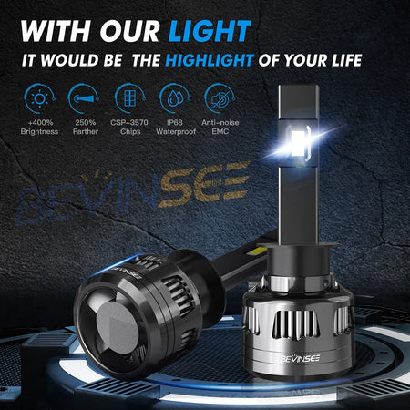 BEVINSEE V45 LED Headlight Bulbs – 6000K 30000lm, CANbus, 12V, H1 H4 H7 H11 9005 9006 9012