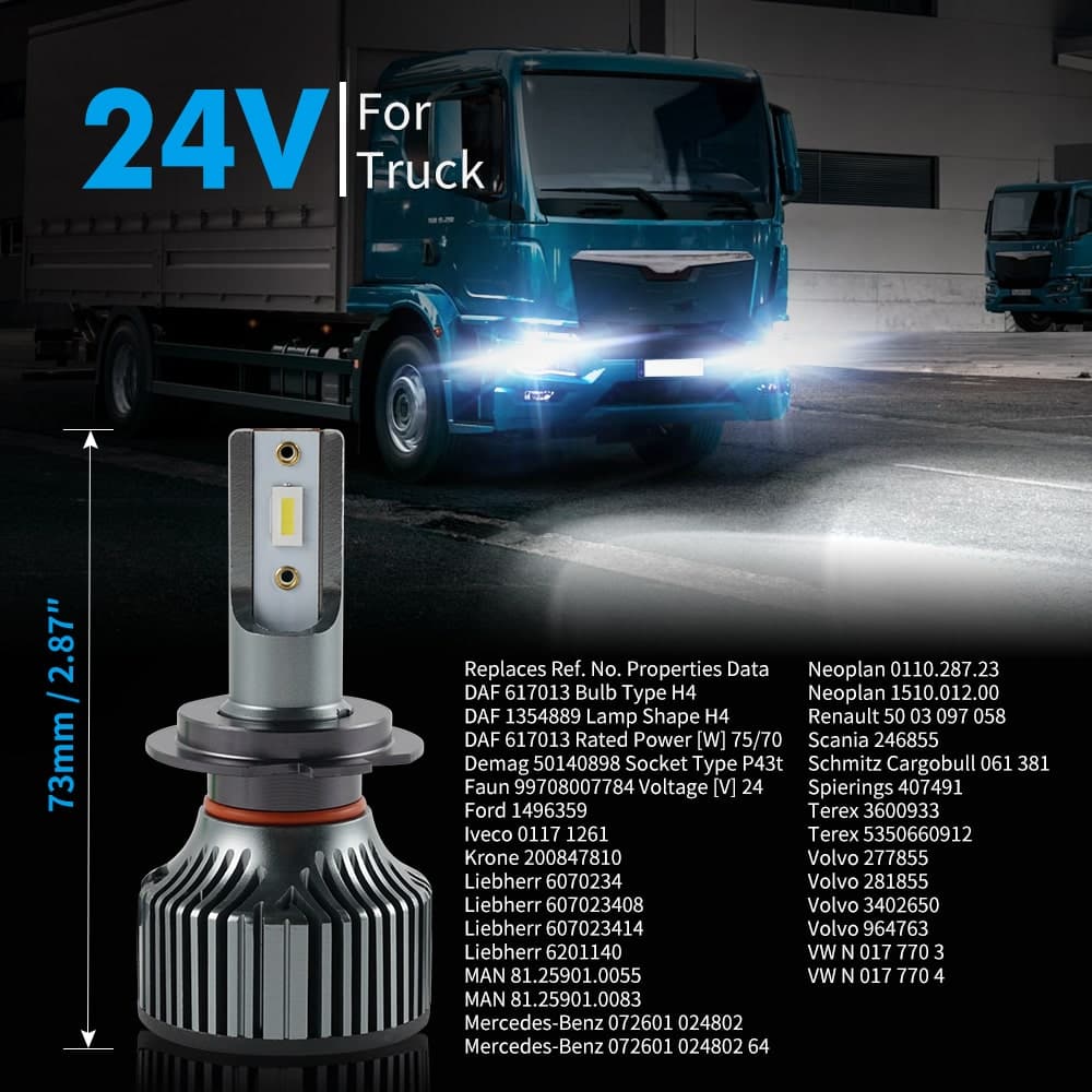 BEVINSEE H7 24V Heavy Truck LED Headlight Bulbs High Low Beam Lamps DRL 8000lm