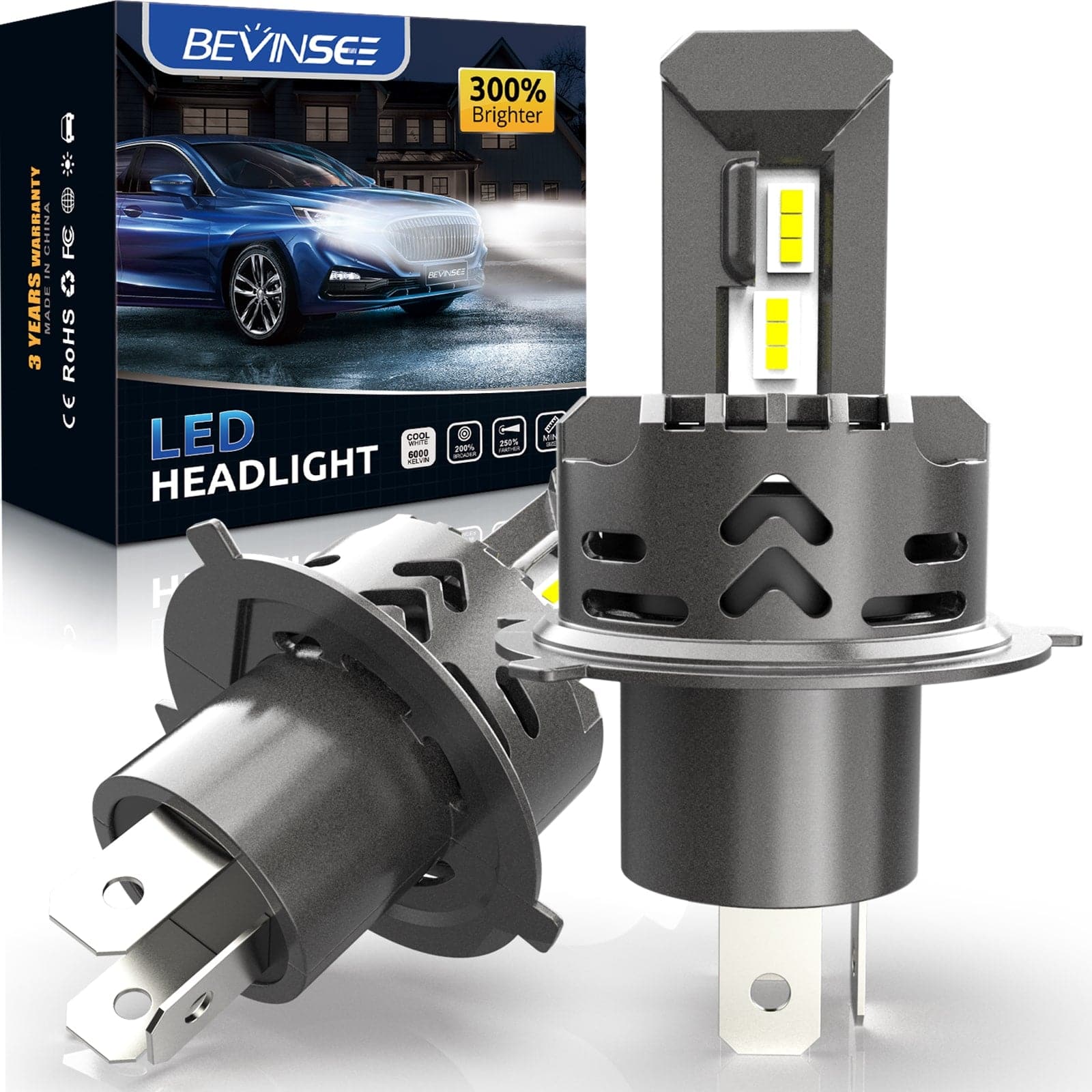 BEVINSEE S350 H4 9003 LED Headlight Bulb High Low Beam 6000LM