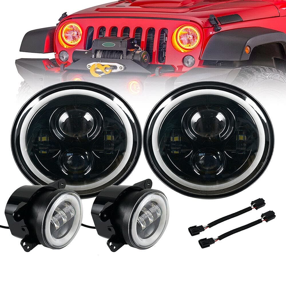 BEVINSEE 7" Halo LED Headlight 4" Fog Light Signal Combo Kit for Jeep Wrangler JK ,Hummer H3 H3T * 4pcs