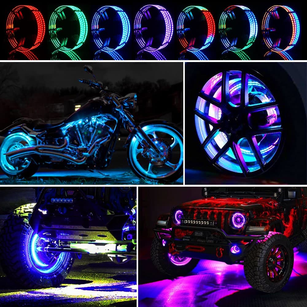 BEVINSEE 4x 15.5" RGB Shifting LED Car Wheel Rings Rim Light Brake Turn Signal Neon Lamp