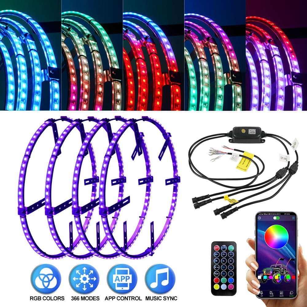 BEVINSEE 4x 15.5" RGB Shifting LED Car Wheel Rings Rim Light Brake Turn Signal Neon Lamp