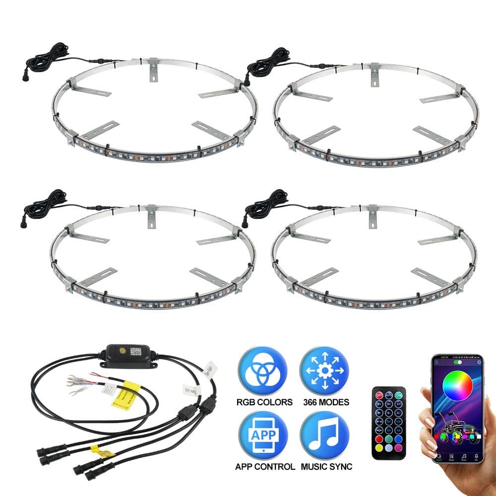 BEVINSEE 4x 15.5" RGB Shifting LED Car Wheel Rings Rim Light Brake Turn Signal Neon Lamp