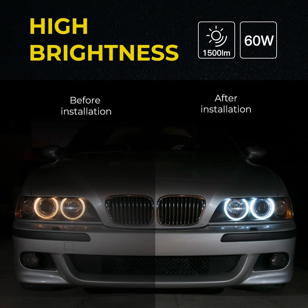 BEVINSEE Angel Eye Halo LED Headlight Bulbs 60W 6000K Fit For BMW E39 E60 E61 E63 E64 E65