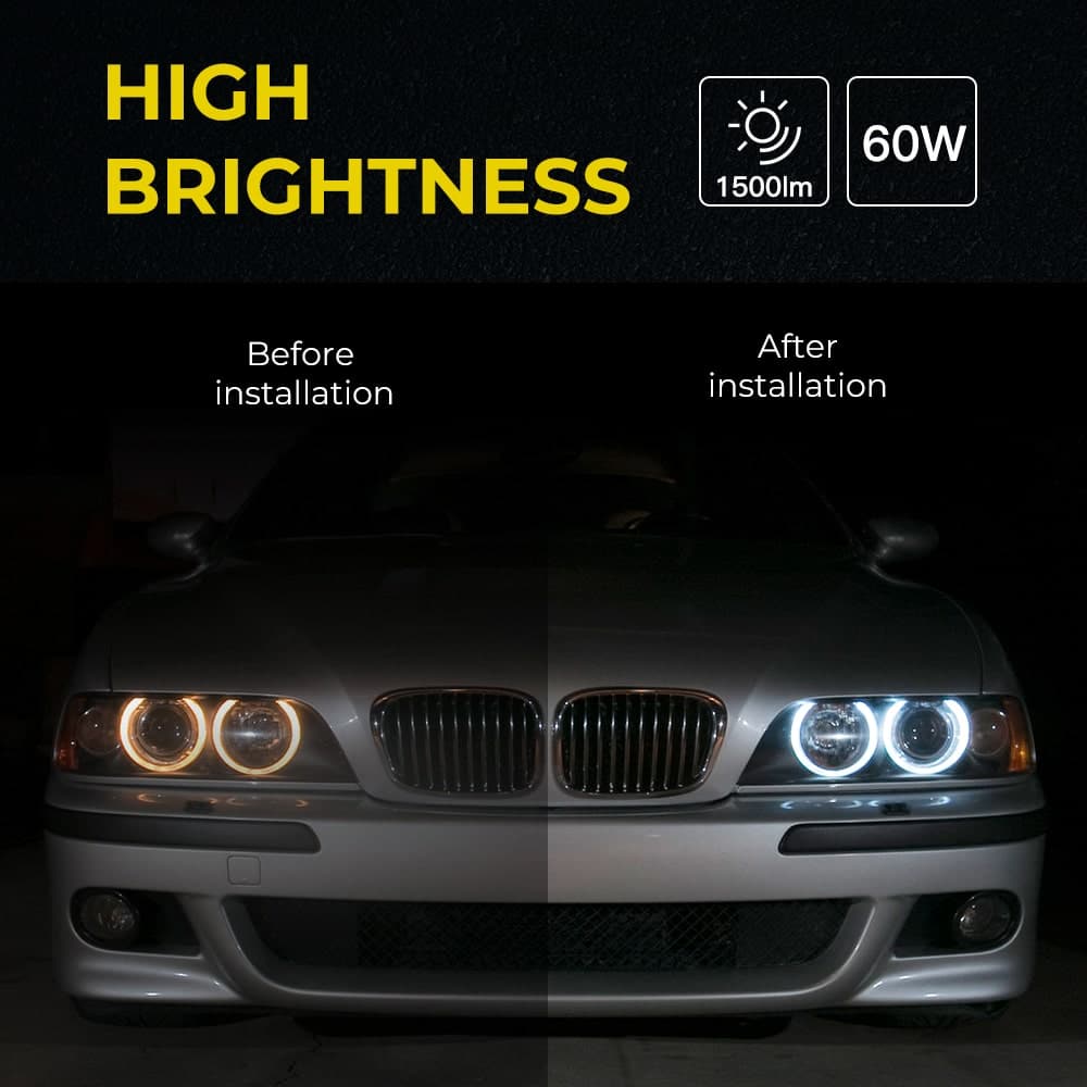BEVINSEE Angel Eye Halo LED Headlight Bulbs 60W 6000K Fit For BMW E39