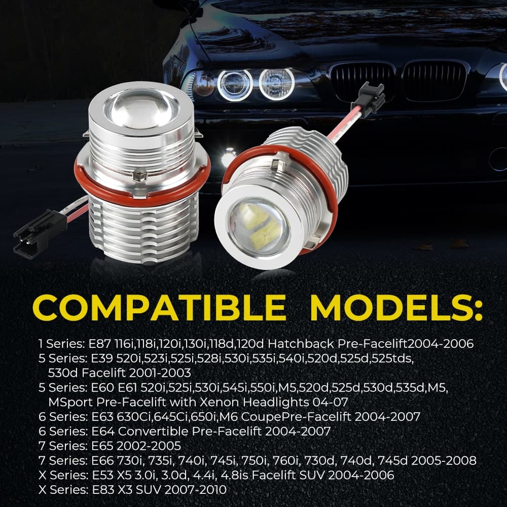 BEVINSEE Angel Eye Halo LED Headlight Bulbs 60W 6000K Fit For BMW E39 E60 E61 E63 E64 E65