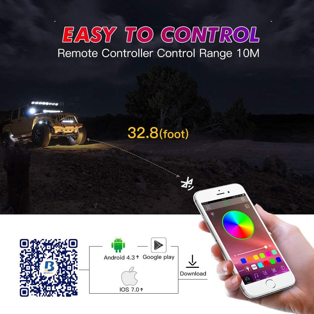 BEVINSEE RGB LED Rock Lights Bluetooth/APP Control for Trucks UTV ATV SUV | 8 Pods