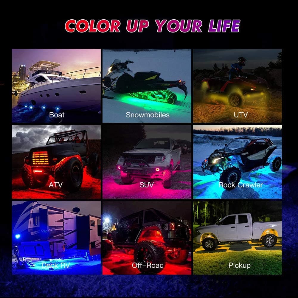 BEVINSEE RGB LED Rock Lights Bluetooth/APP Control for Trucks UTV ATV SUV | 8 Pods